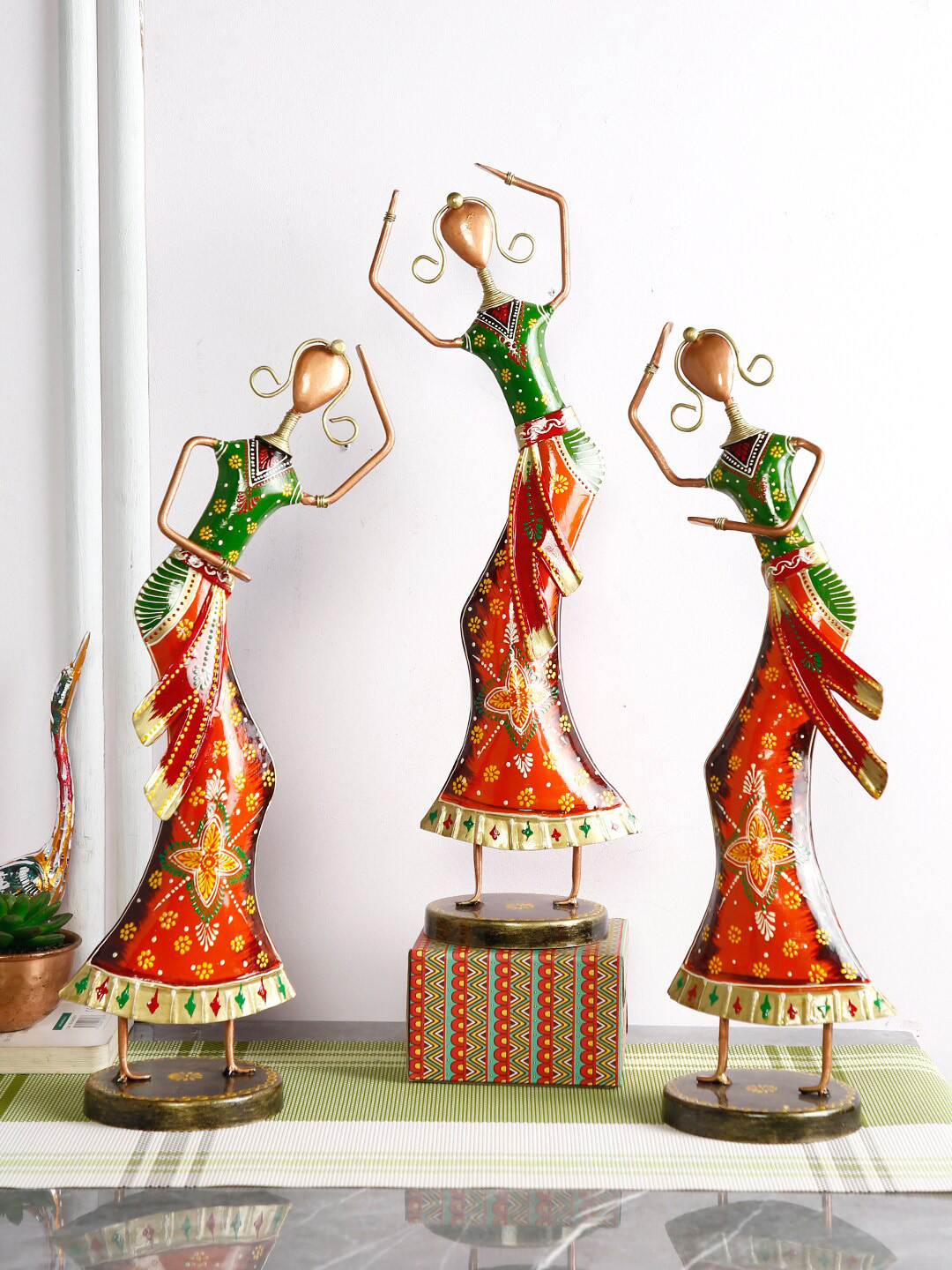 CraftVatika Dancing Lady Red Metal Metallic Living Room Set of 3 Large Showpieces - 17.5 Inches