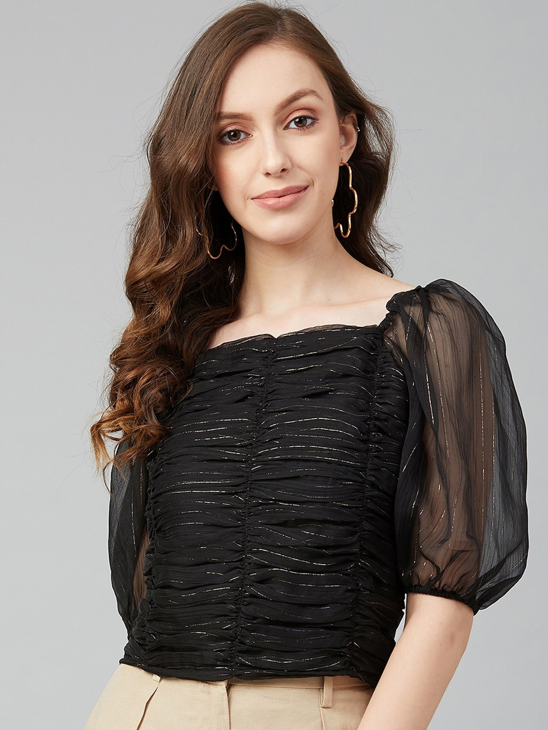 Marie Claire Black & Silver-Toned Striped Puff Sleeves Chiffon Regular Top