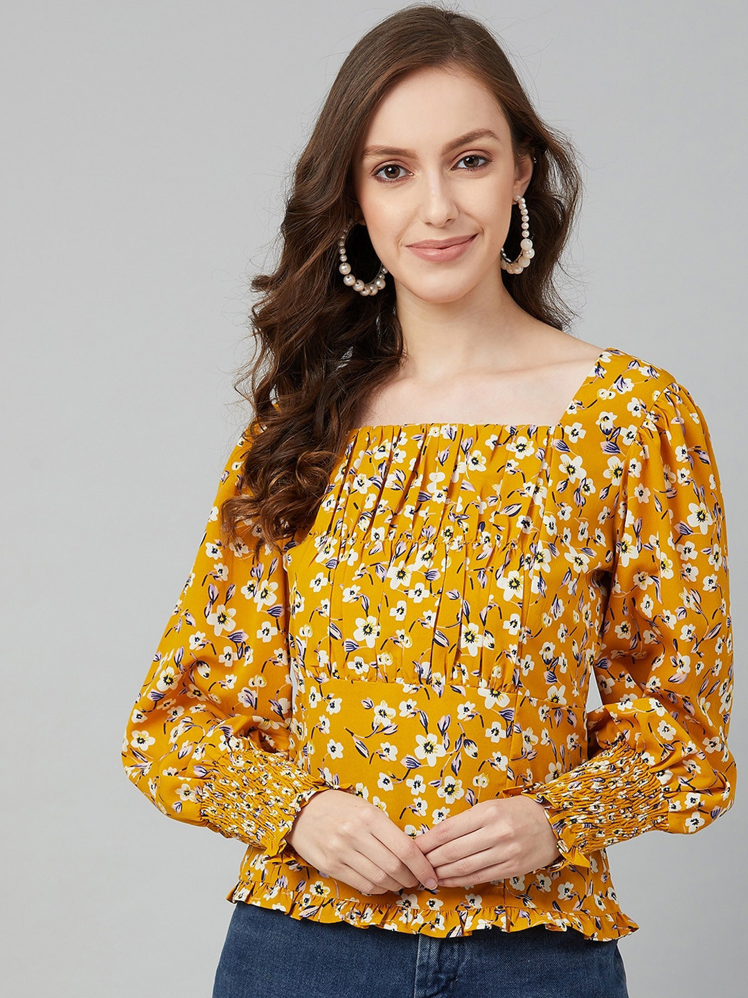 Marie Claire Mustard Floral Printed Puff Sleeves Crepe Blouson Top
