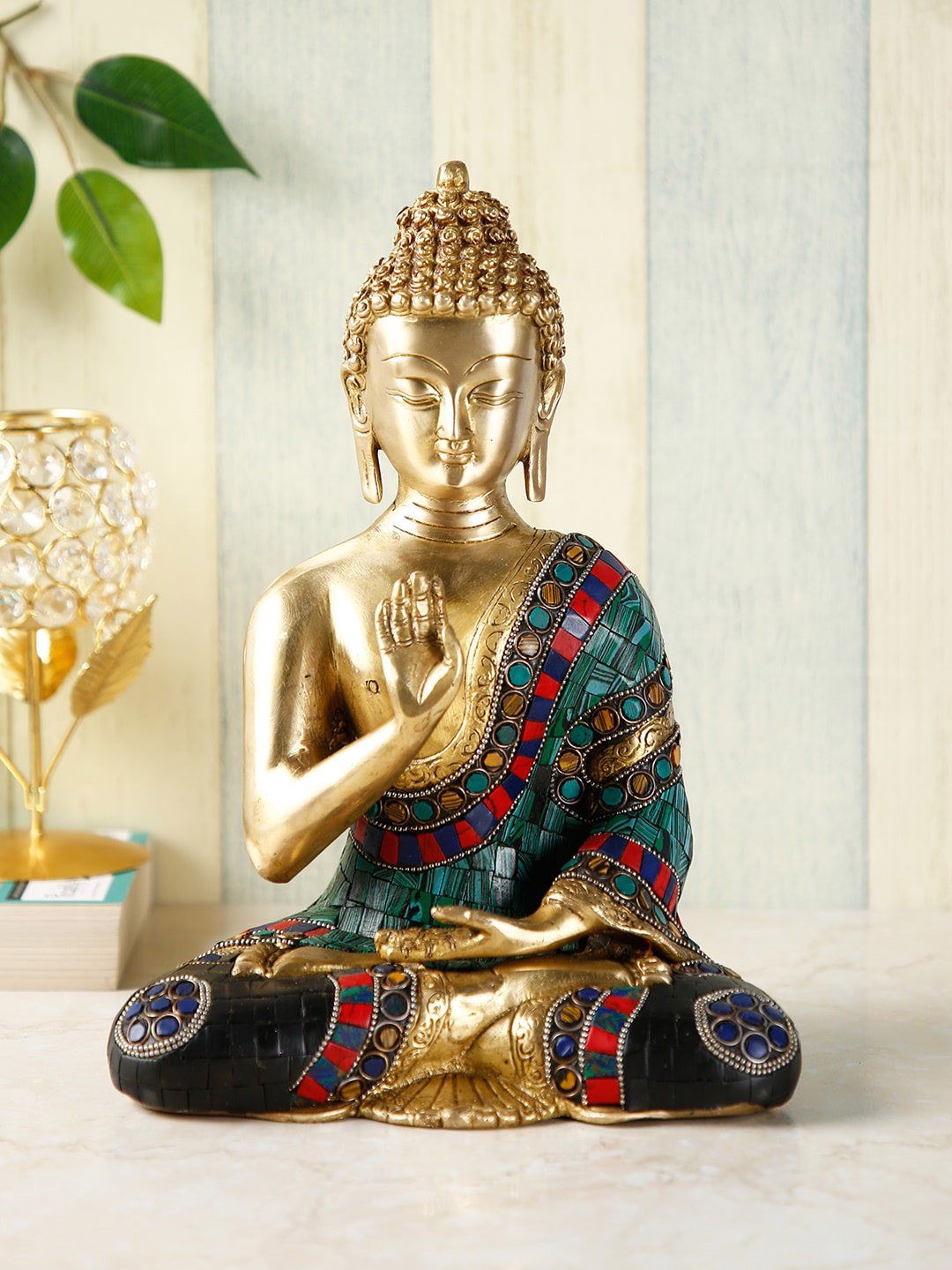 CraftVatika Blessing Buddha Gold Brass Metallic Prayer Room Medium Showpiece - 10.5 Inches