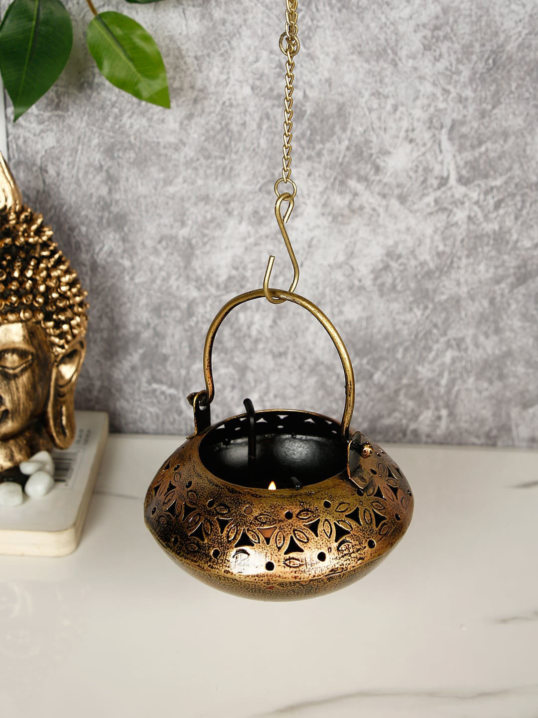 CraftVatika Gold-Toned Metal Degchi Hanging Tealight Candle Holder