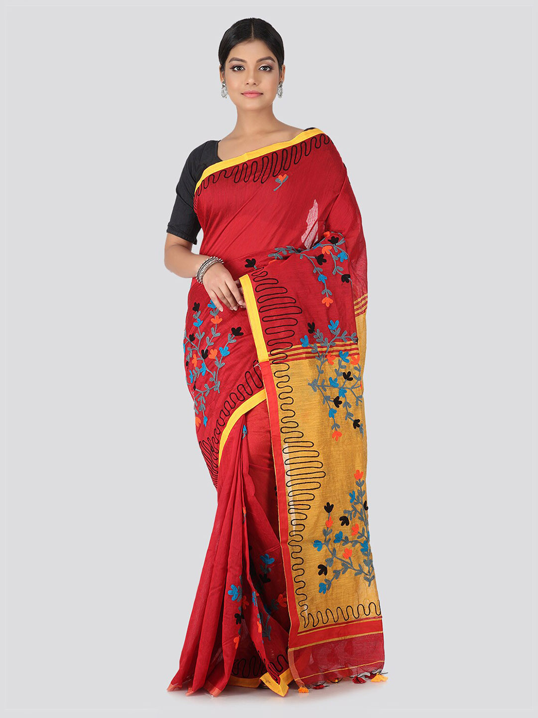 PinkLoom Maroon Cotton Silk Embroidered Saree