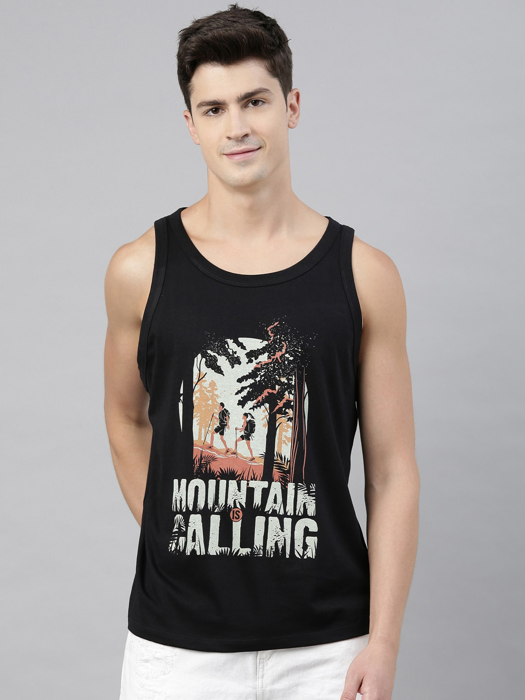 Bushirt Men Black Mountain Is Calling Printed Round Neck  Pure Cotton T-shirt