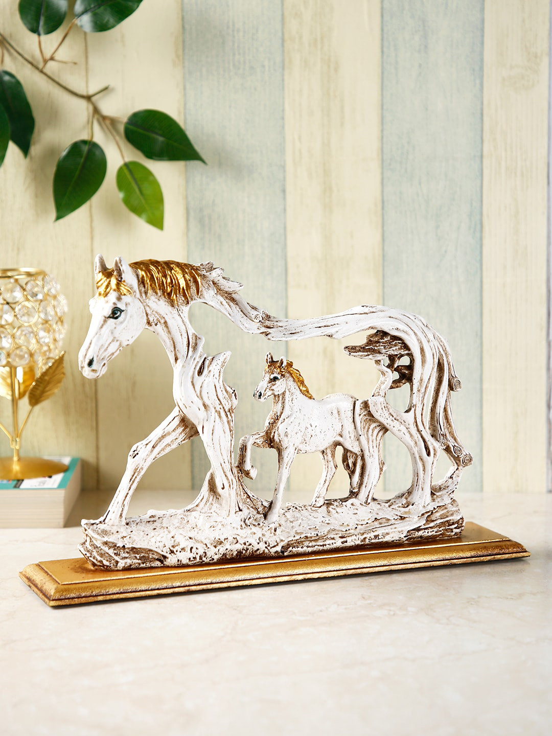 CraftVatika White & Gold-Toned Textured Horse Statue Showpiece