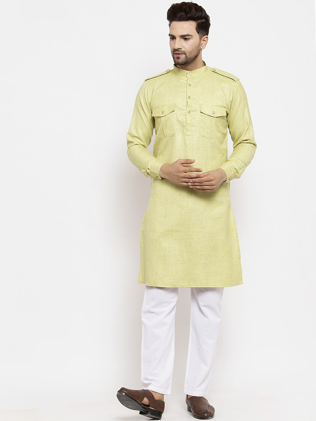KLOTTHE Abstract Woeven Design Mandarin Collar Cotton Pathani Kurta