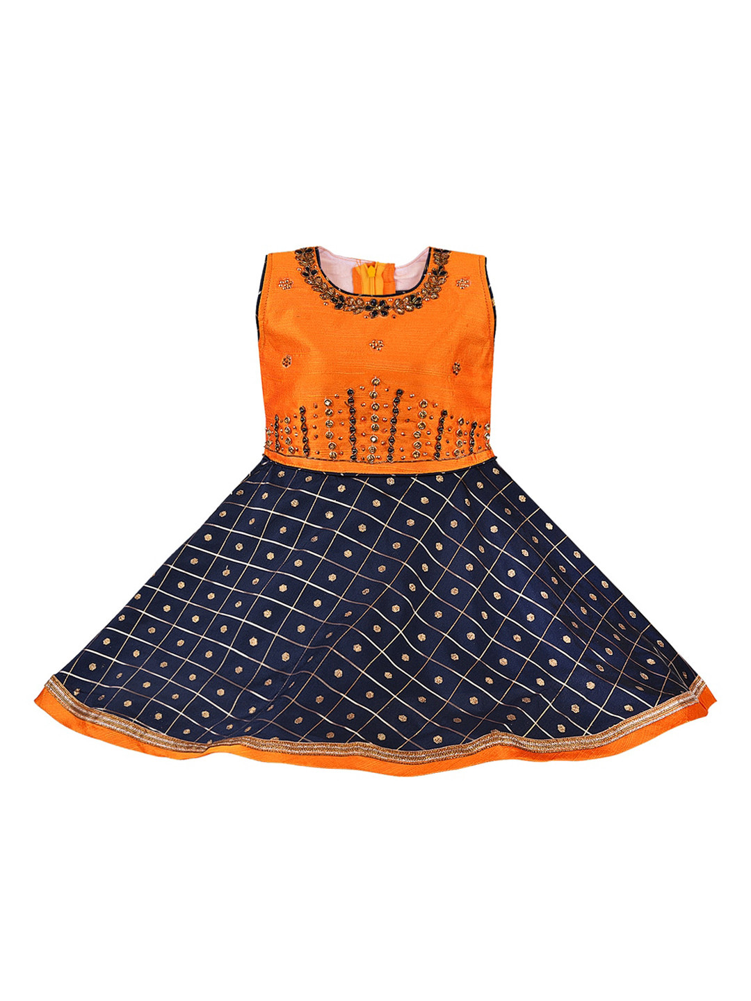 Wish Karo Girls Navy Blue & Orange Embellished Fit and Flare Dress