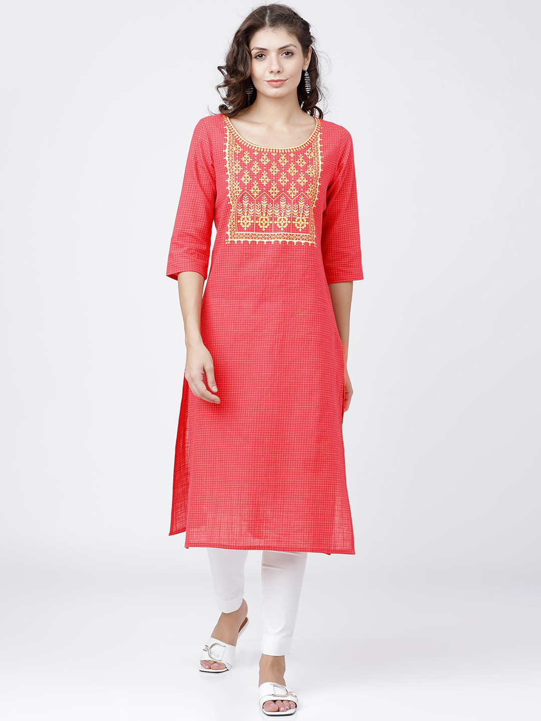 Vishudh Women Red & Yellow Ethnic Motifs Printed Kurta