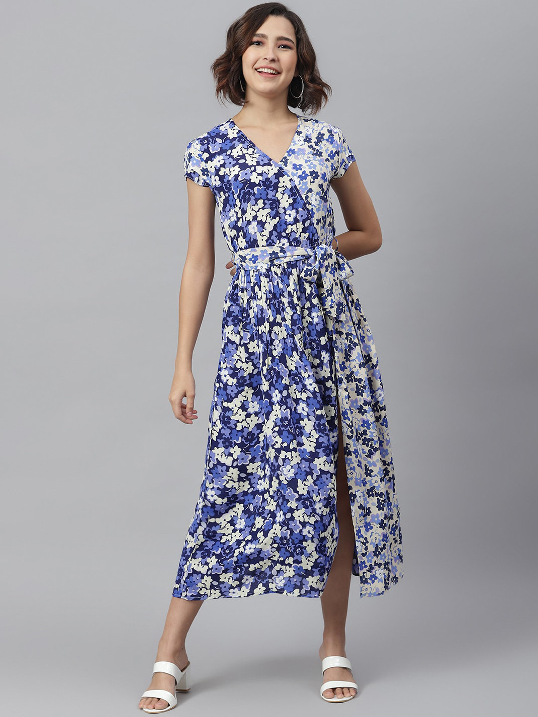 StyleStone Women Navy Blue Floral Printed Wrap Dress