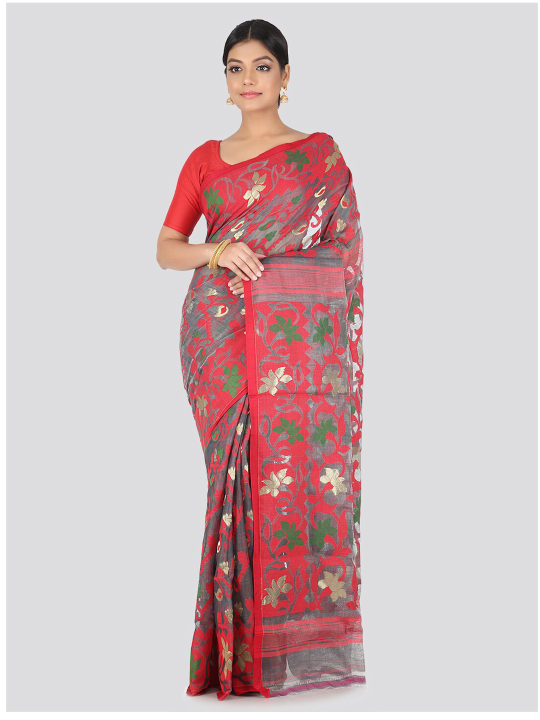 PinkLoom Grey & Red Pure Cotton Woven Design Handloom Jamdani Sustainable Saree