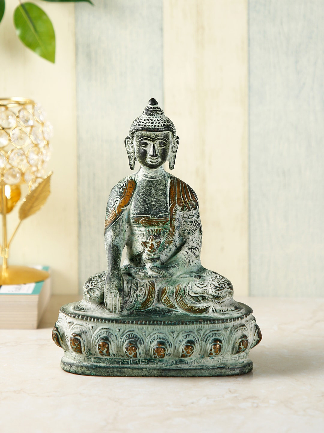 CraftVatika Buddha with Scared Kalash Green Brass Matte Living Room Small Showpiece - 8 Inches
