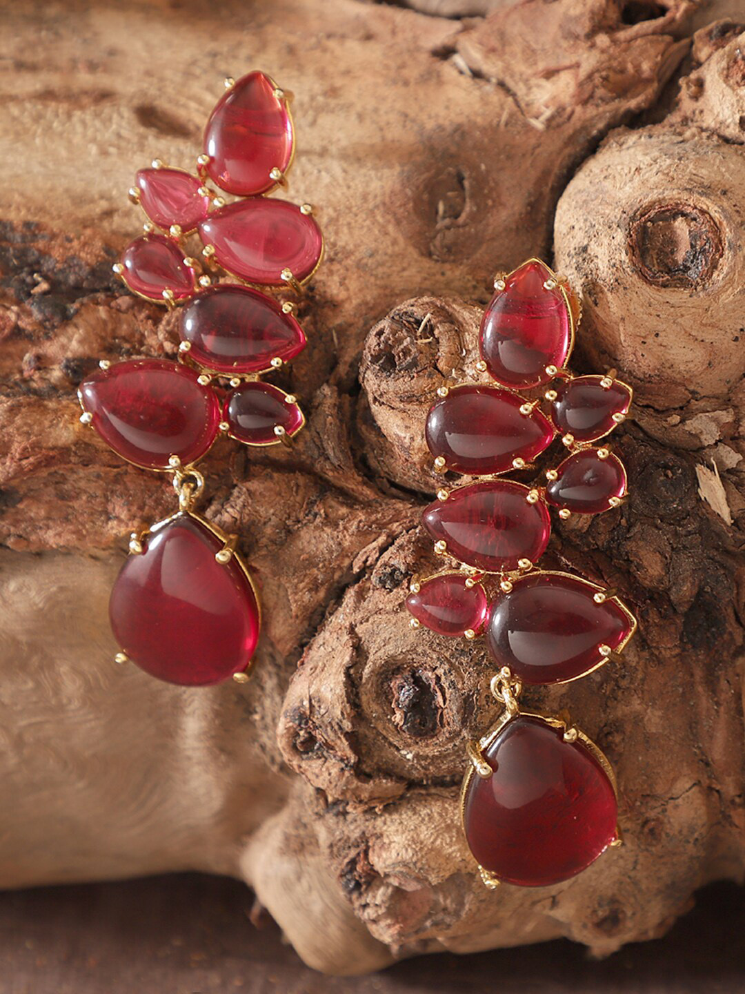 XAGO Gold-Plated & Red Teardrop Shaped Drop Earrings