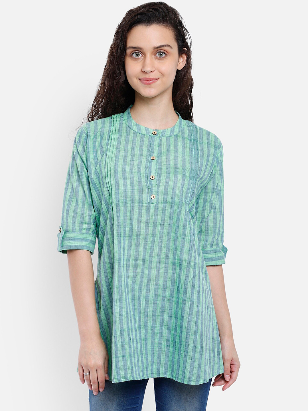 SAHORA Green & Blue Striped A-Line Longline Top