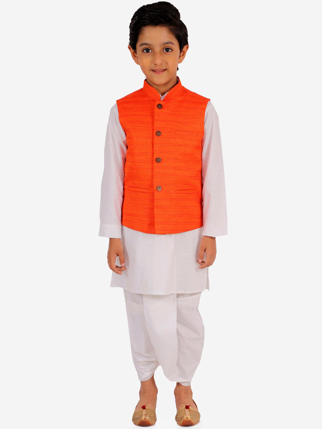 VASTRAMAY Boys White & Orange Solid Kurta with Dhoti Pants & Nehru Jacket