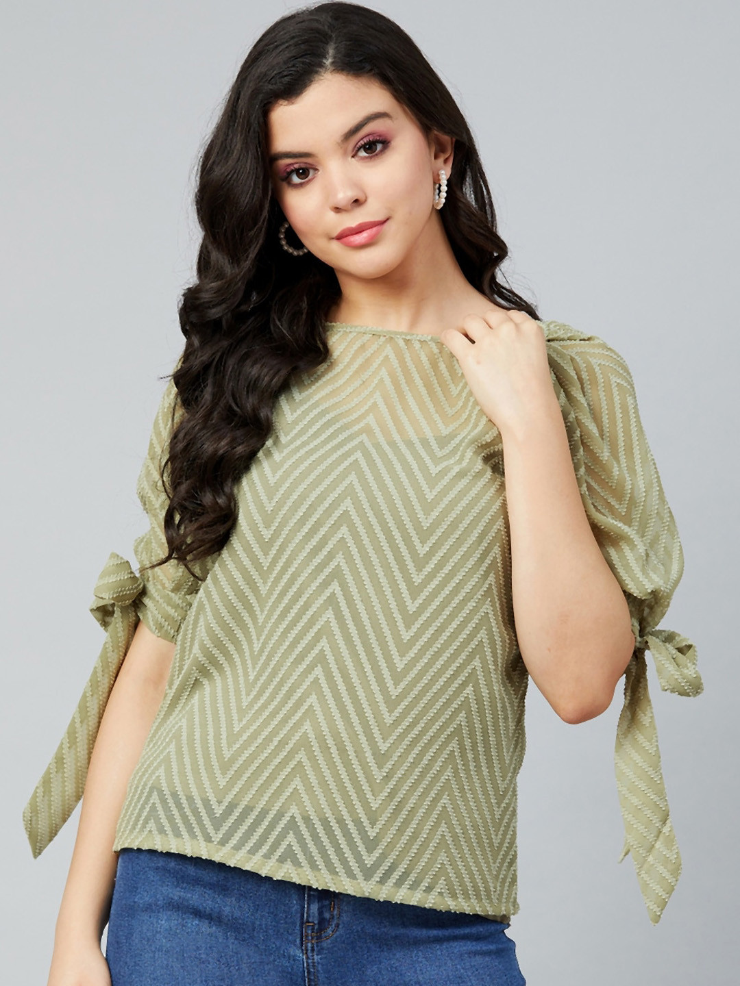 Athena Olive Green Puff Sleeves Georgette Regular Top