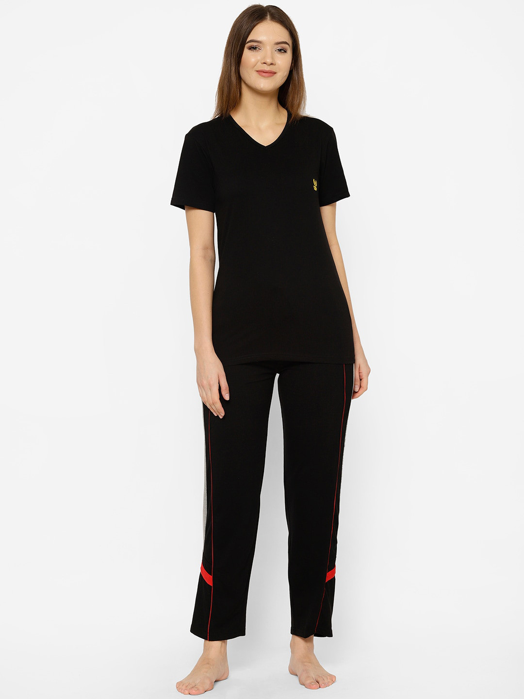 MACK JONNEY Women Black & Red Solid Cotton Blend Night Suit BLK_V_D7_02