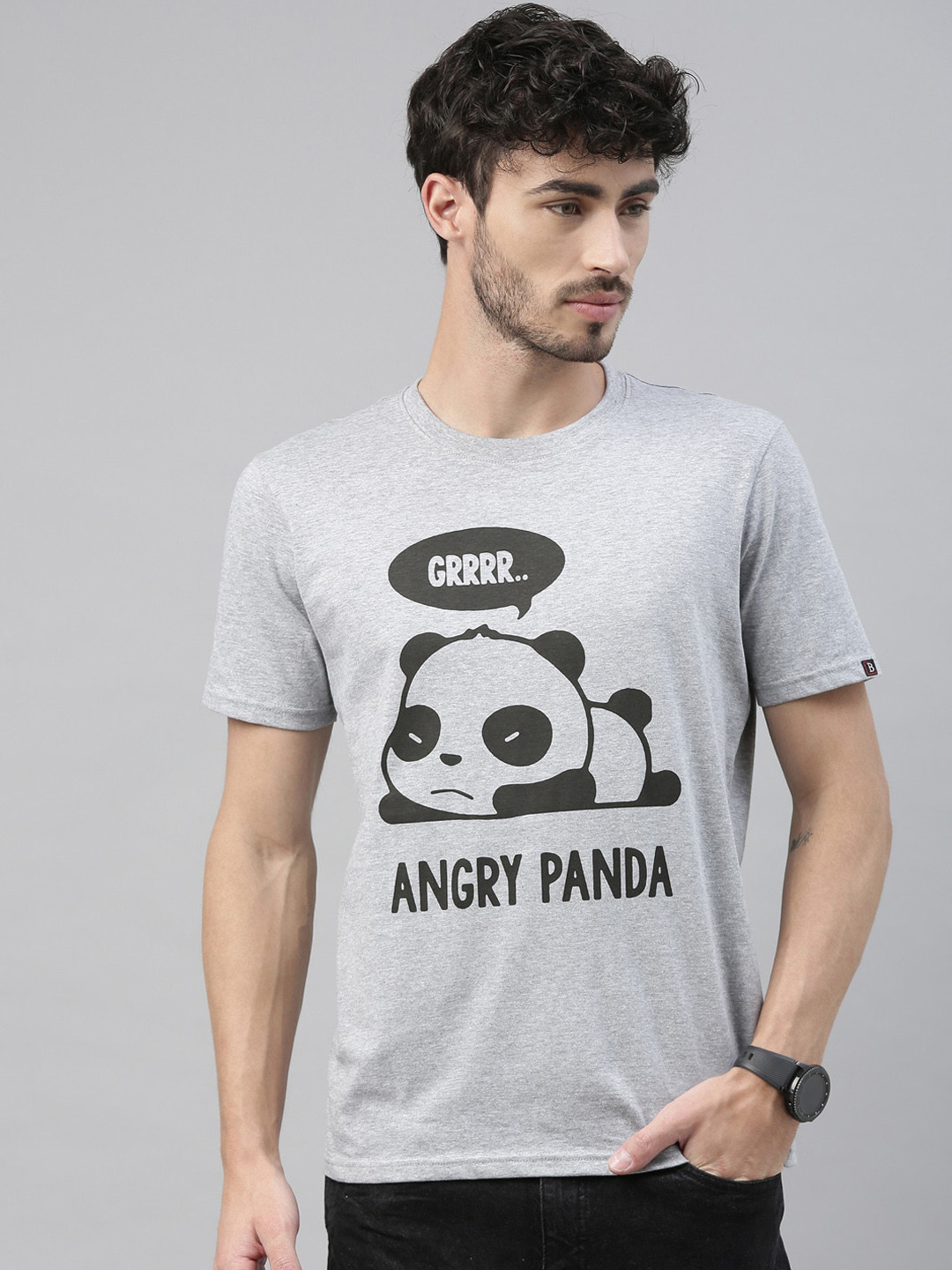 Bushirt Men Grey Melange Printed Angry Panda Round Neck T-shirt