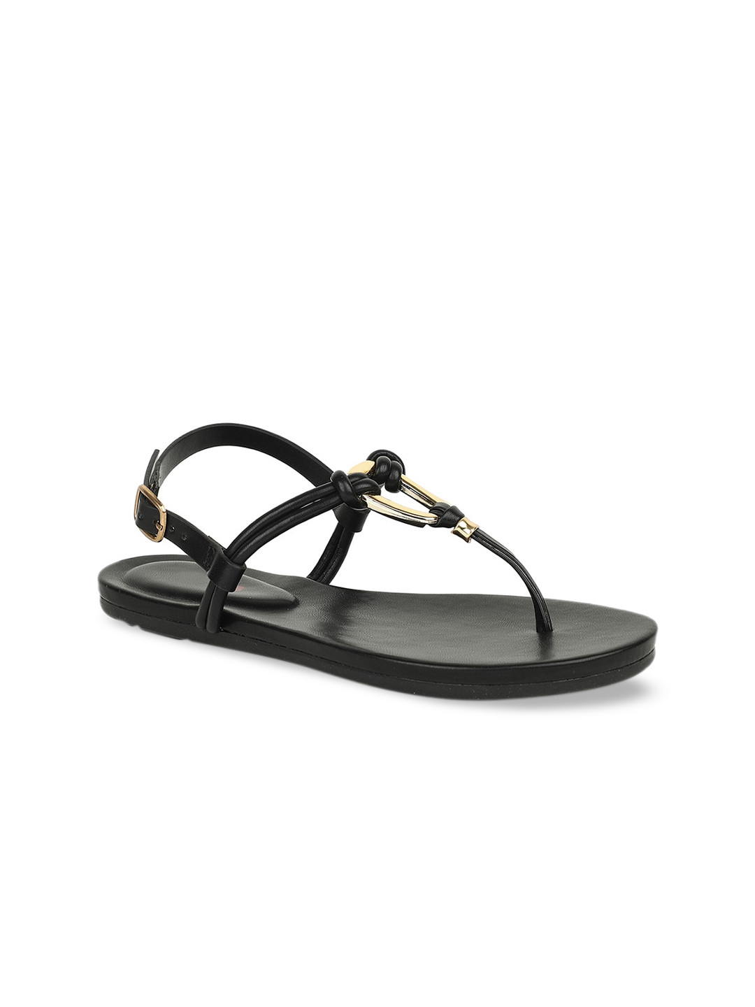 Bata Women Black Solid PU T-Strap Flats