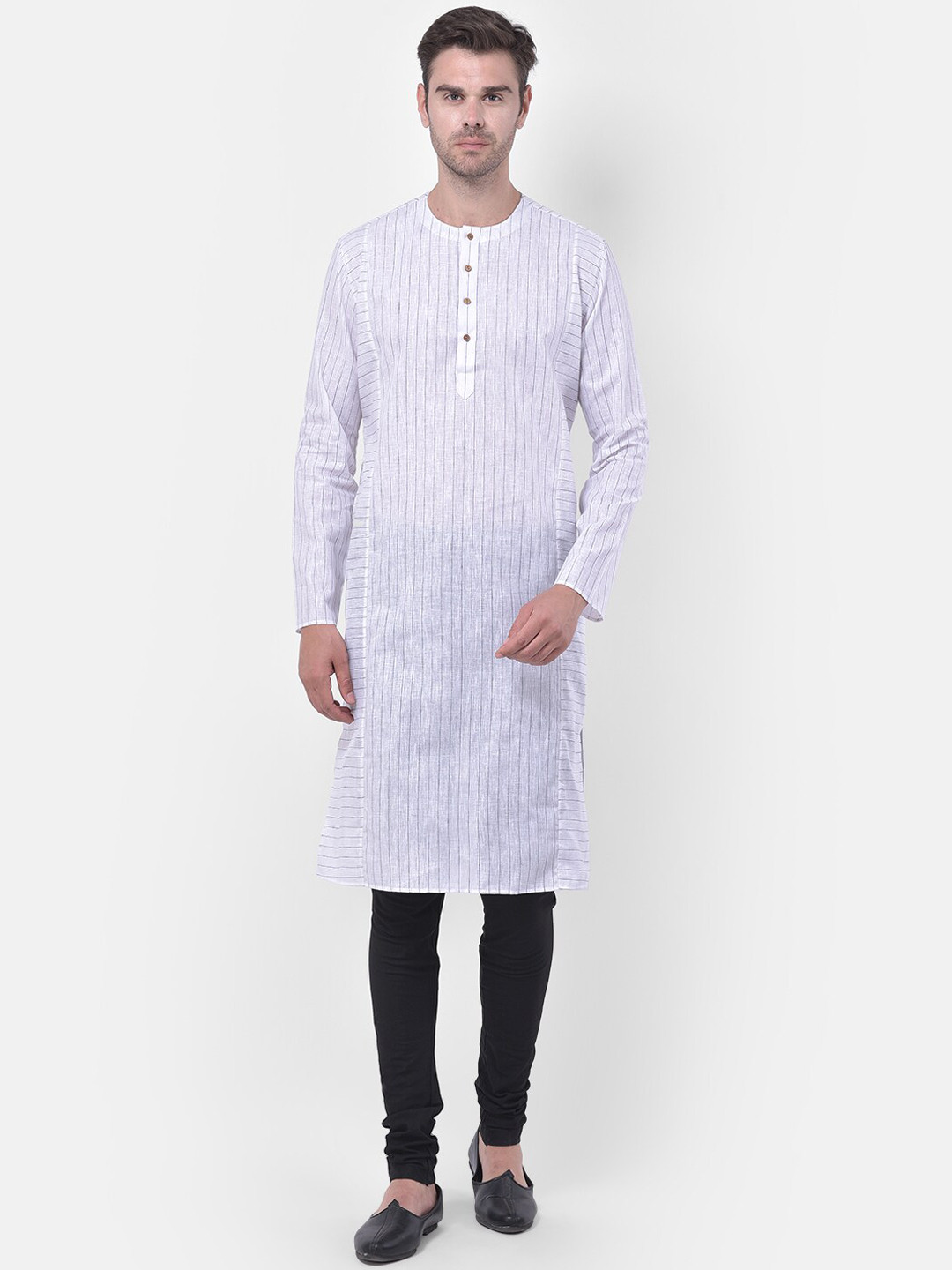 TABARD Men White & Grey Striped Cotton Linen Kurta
