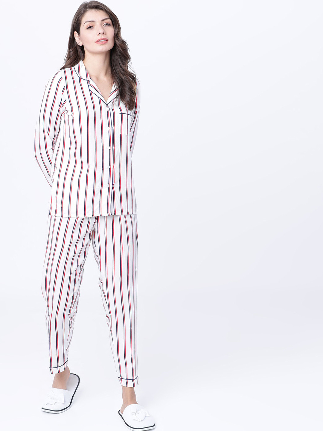 Tokyo Talkies Women White & Red Striped Night suit
