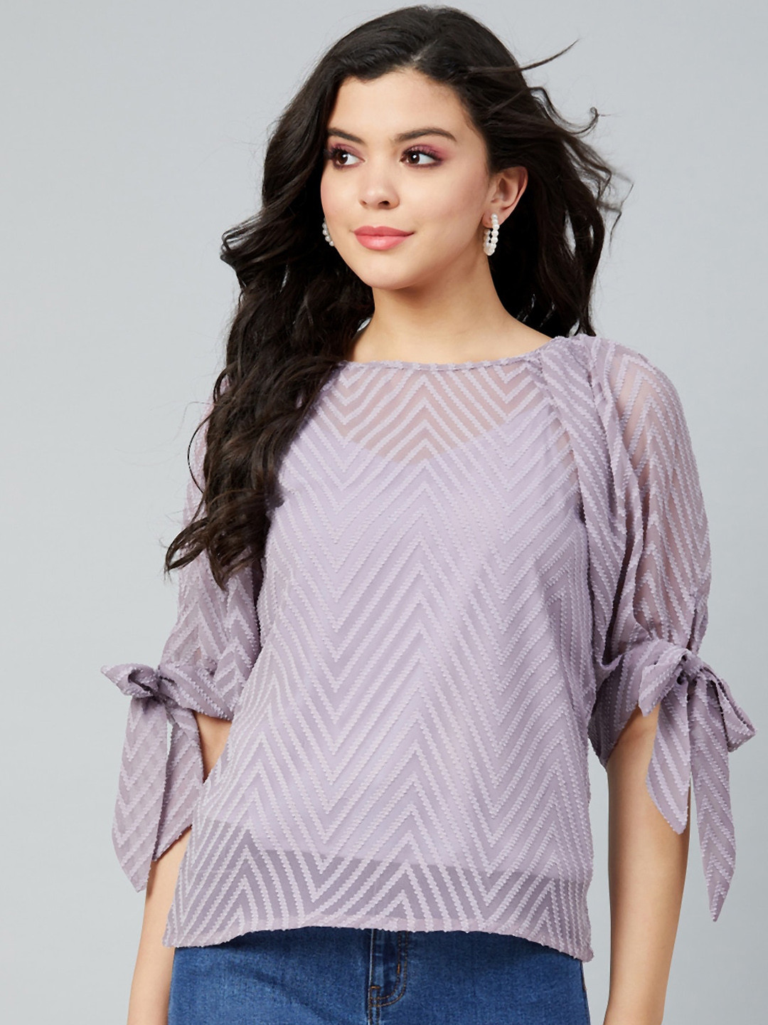 Athena Lavender Self Design Puff Sleeves Dobby Top