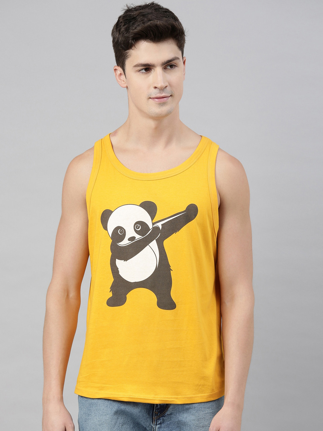 Bushirt Men Mustard Printed Dance Panda Round Neck T-shirt