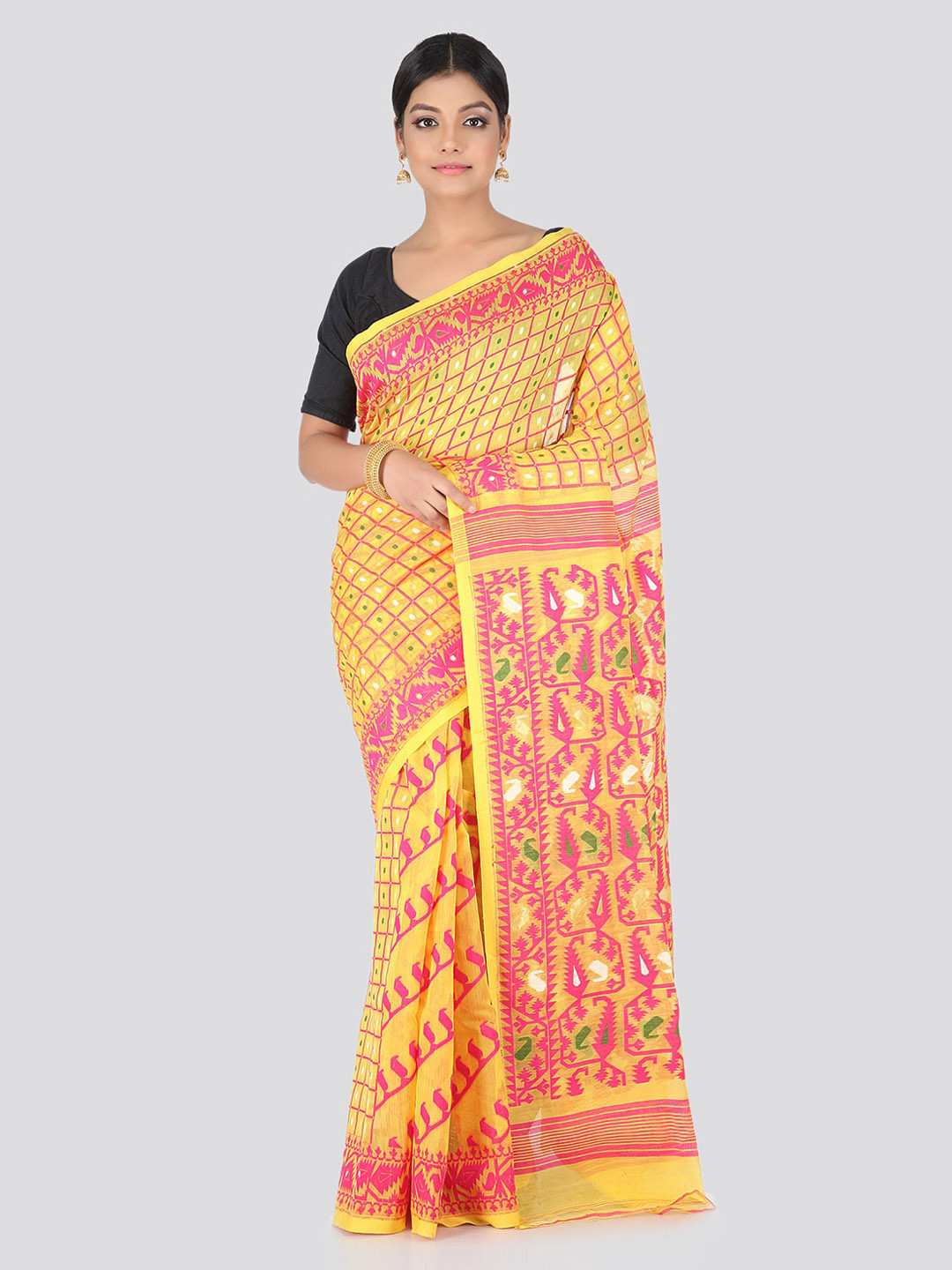 PinkLoom Yellow & Pink Pure Cotton Woven Design Handloom Jamdani Saree