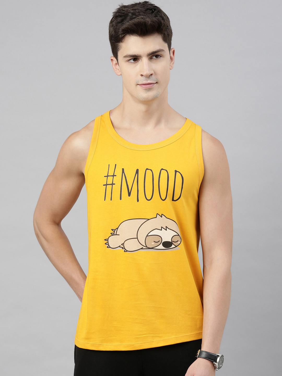 Bushirt Men Mustard Yellow Printed Pure Cotton Round Neck Sleeveless T-shirt