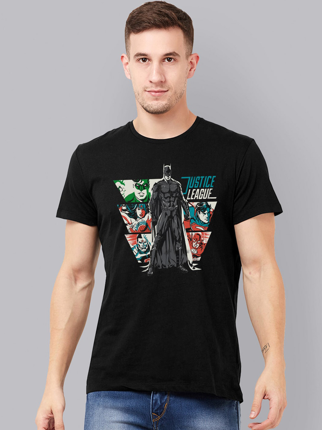 Free Authority Men Black Justice League Printed Round Neck Pure Cotton T-shirt