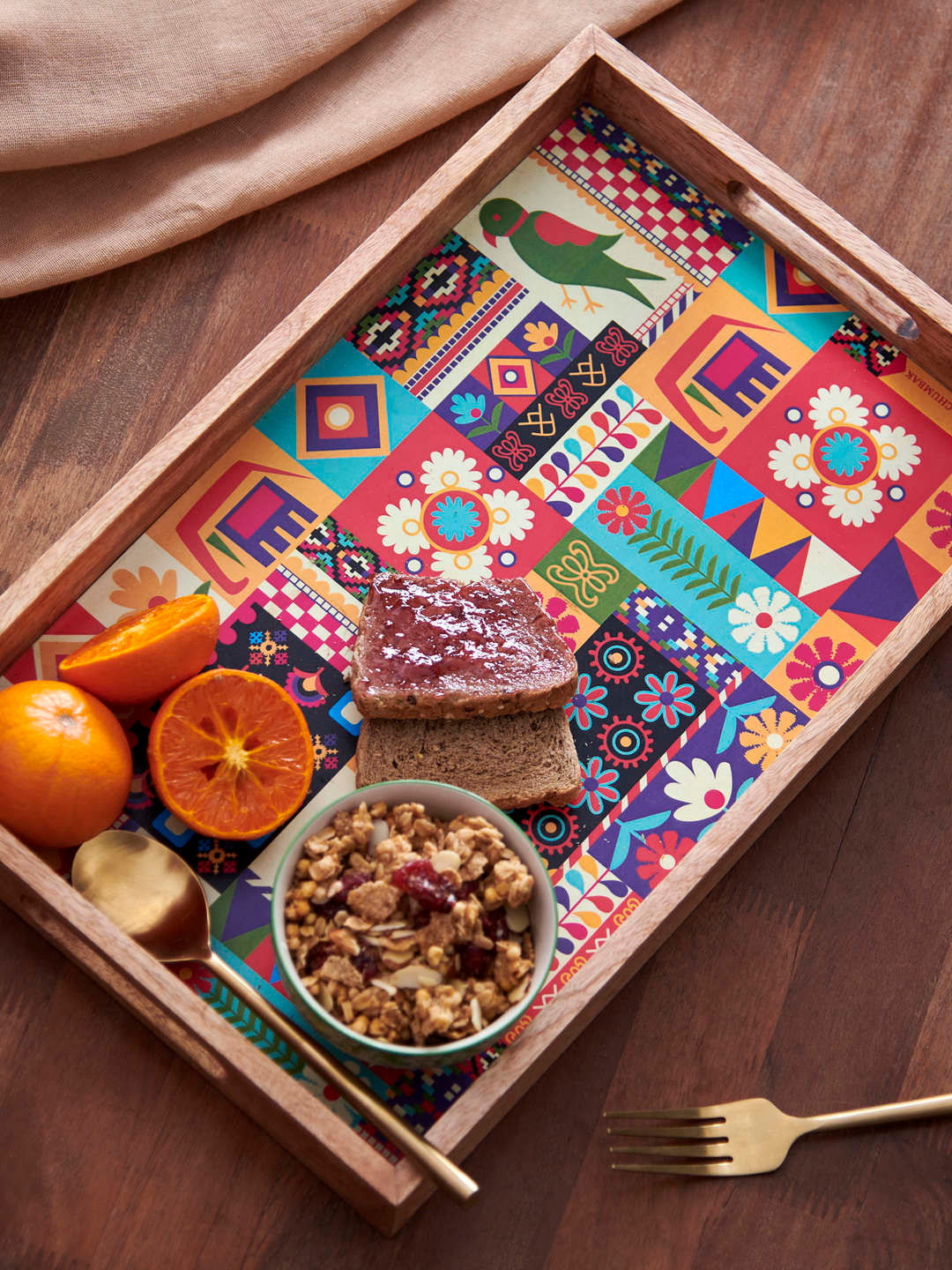 Chumbak Multicoloured Printed Mango Wood Tota Bahaar Tray