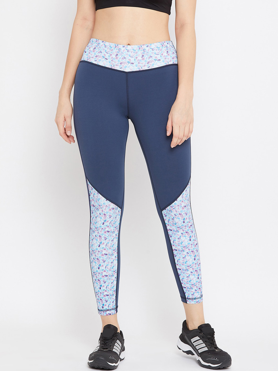 JUMP USA Women Blue & White Printed e-Dry Technology Active Wear Tights