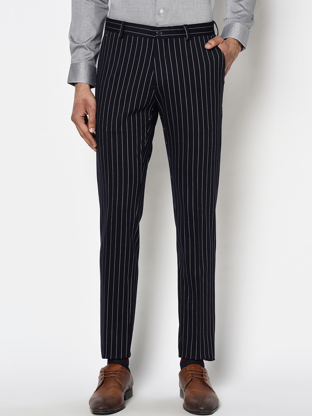Blackberrys Men Navy Blue Skinny Fit Striped Formal Trousers