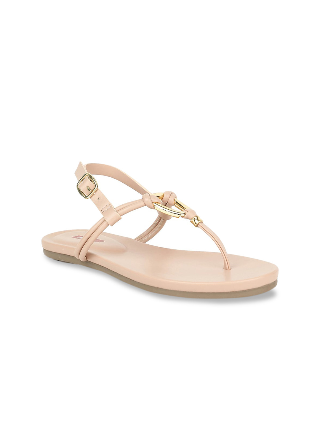 Bata Women Beige Embellished T-Strap Flats