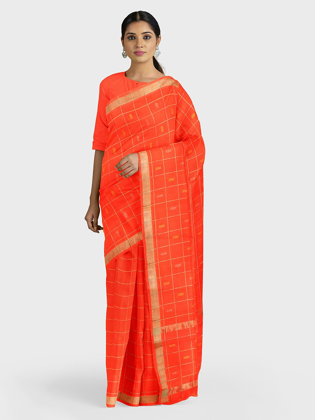 APCO Orange Pure Cotton Checked Venkatgiri Saree