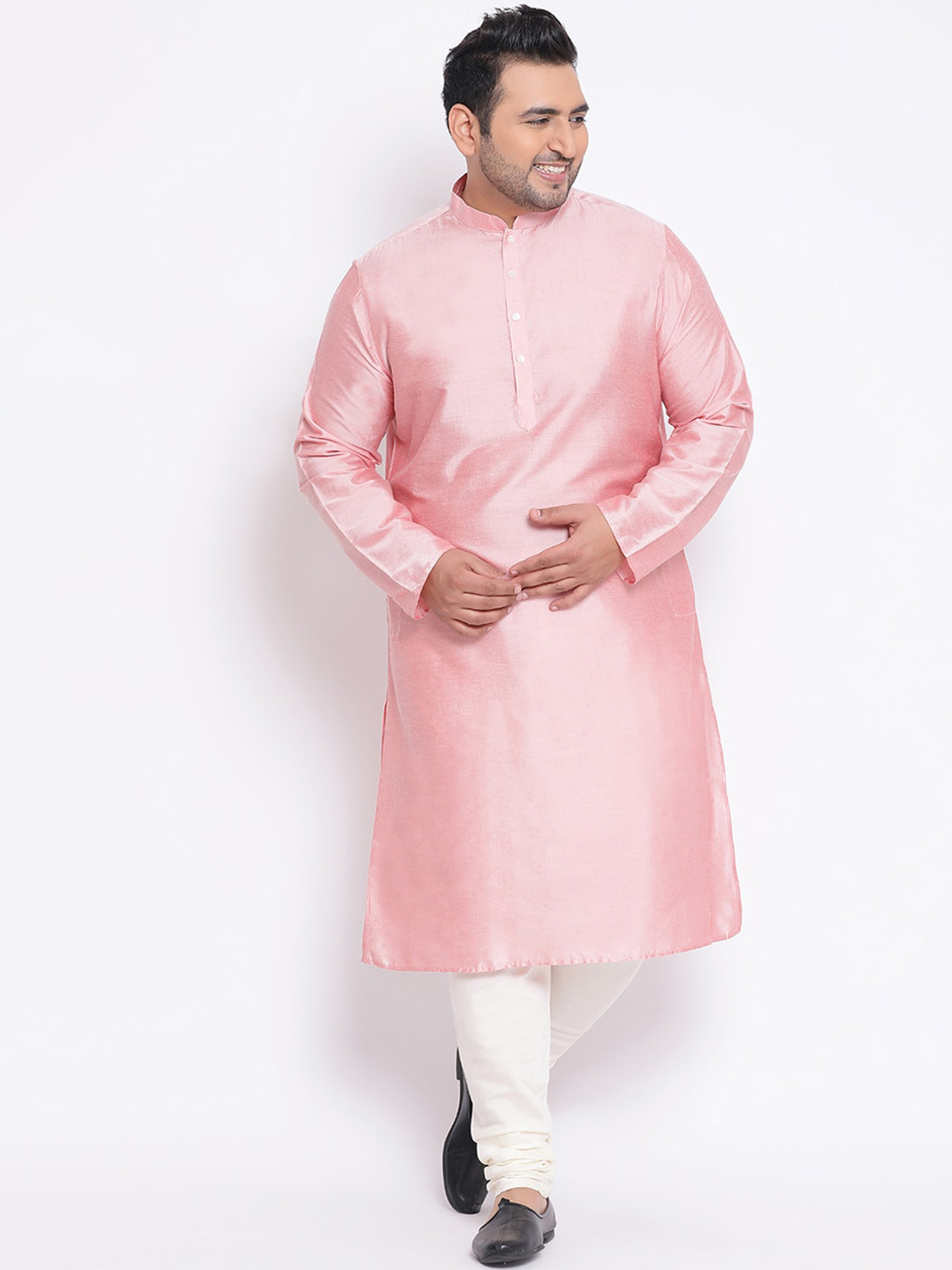 KISAH PLUS Men Peach-Coloured & White Solid Kurta with Churidar