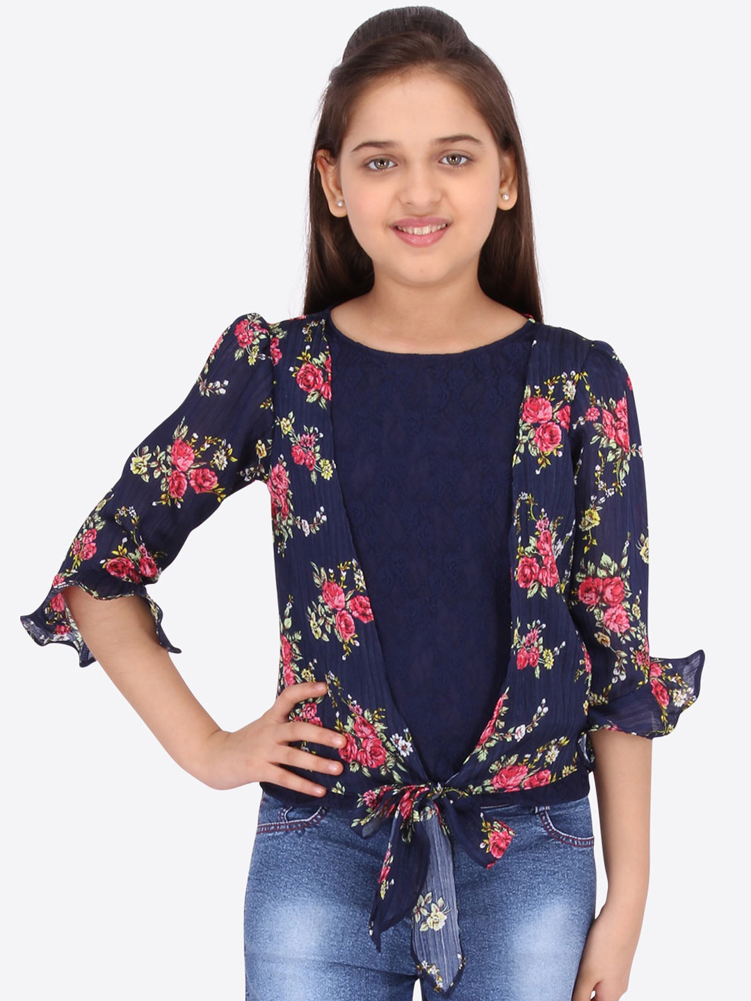 CUTECUMBER Navy Blue Floral Printed Bell Sleeves Chiffon Regular Top