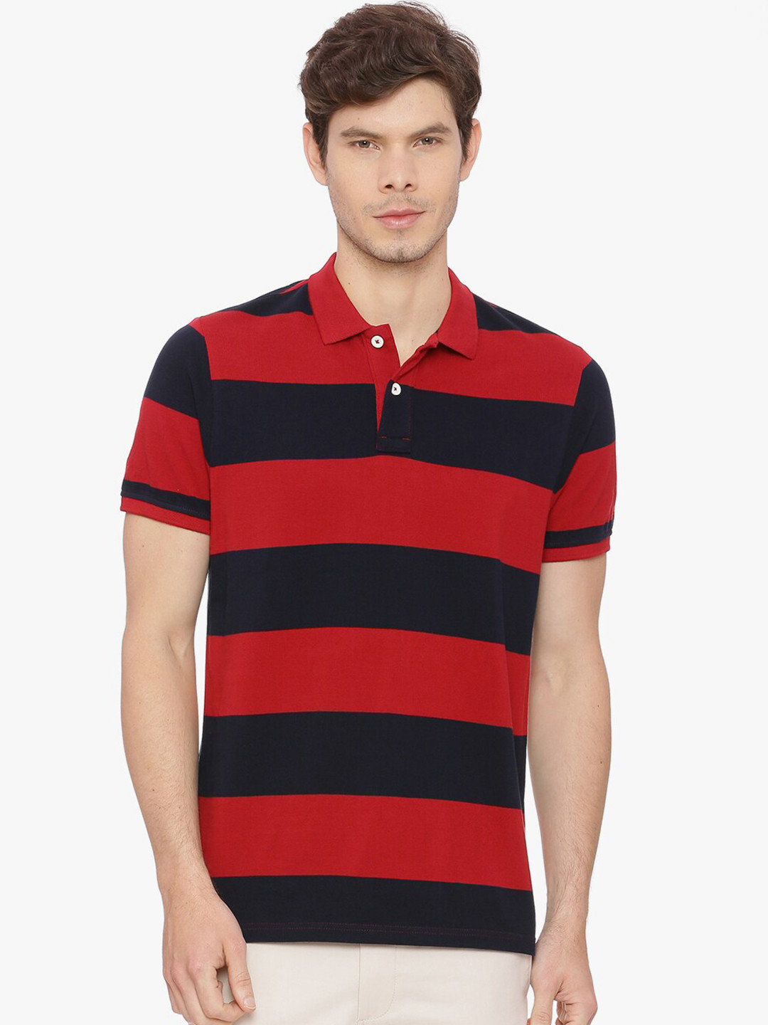 Basics Men Red Striped Round Neck T-shirt