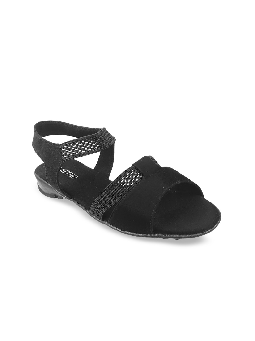 Metro Women Black Textured Open Toe Flats
