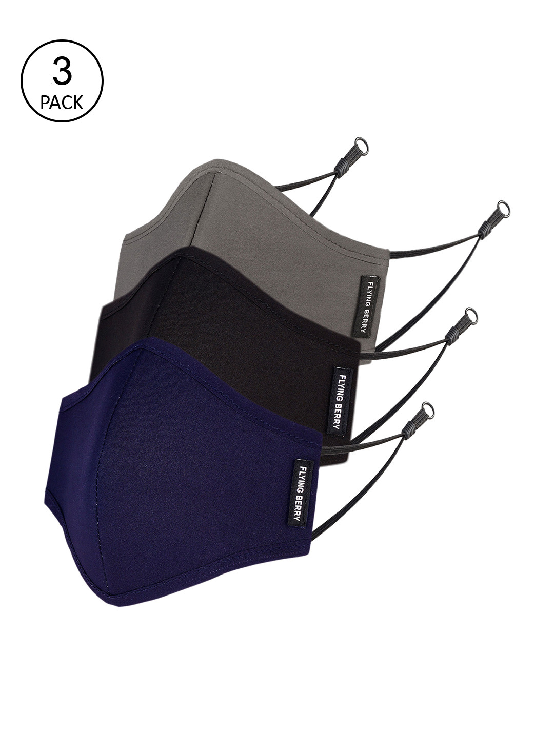 FLYING BERRY Pack of 3 Solid 3-Ply Reusable Adjustable Cloth Face Masks