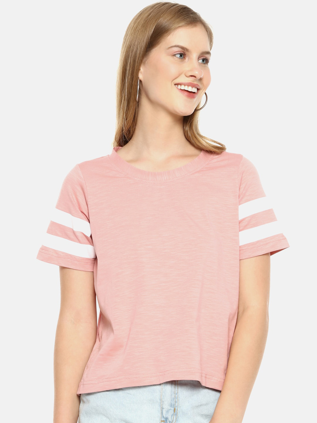 Campus Sutra Pink Striped Pure Cotton Regular Top
