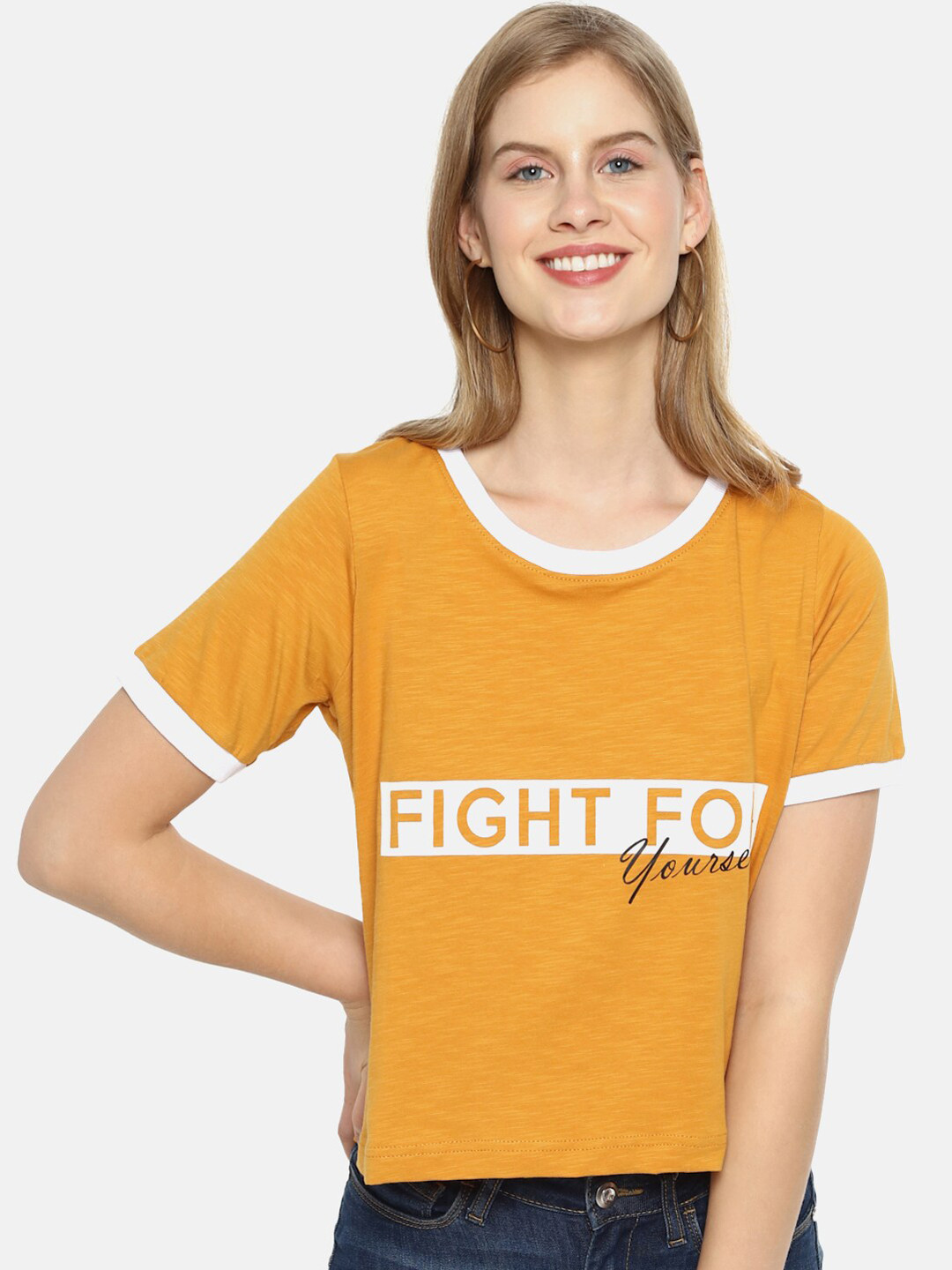 Campus Sutra Mustard Yellow Printed Pure Cotton Top