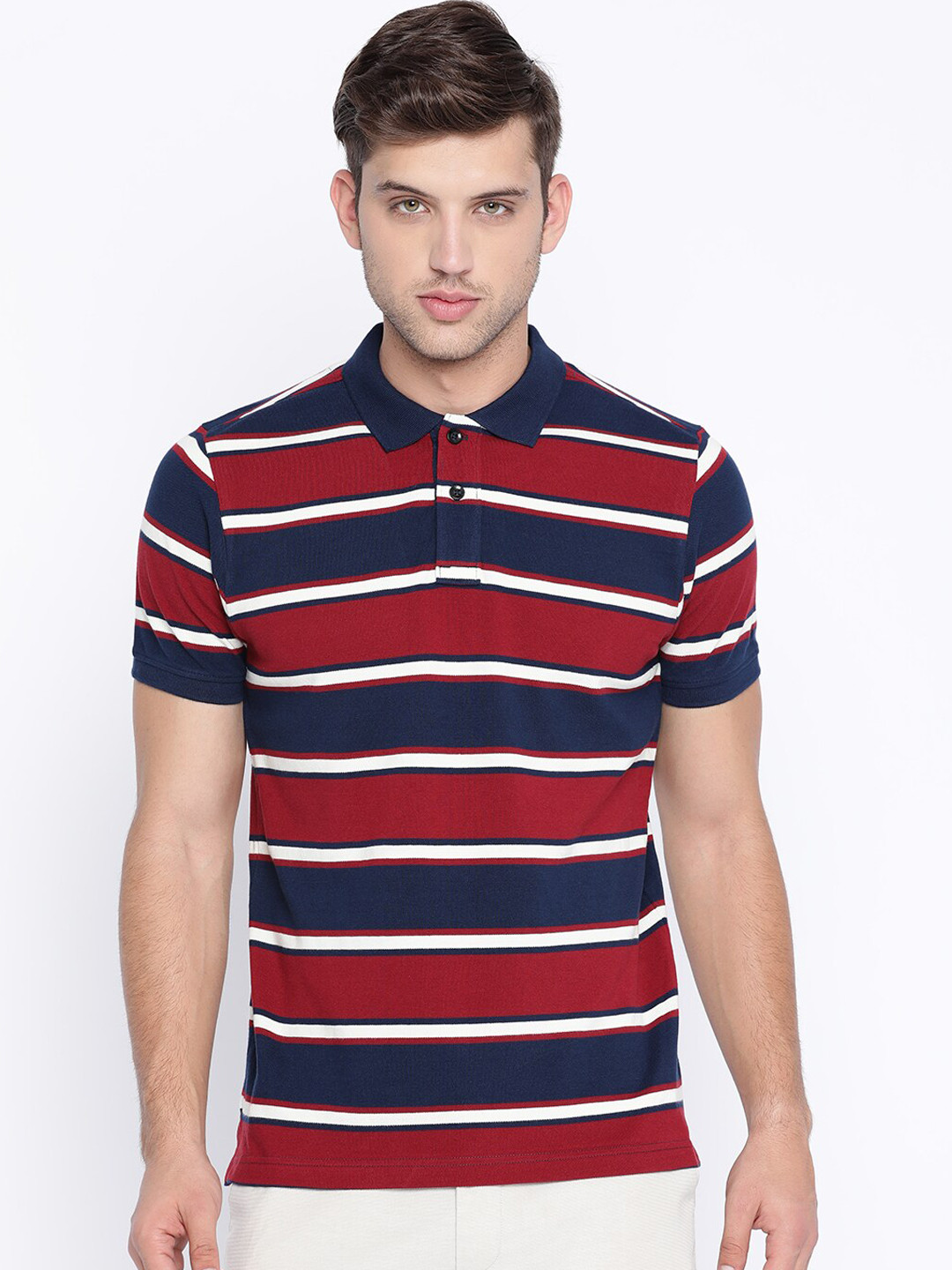Basics Men Navy Blue & Red Muscle Fit Striped Polo Collar T-shirt
