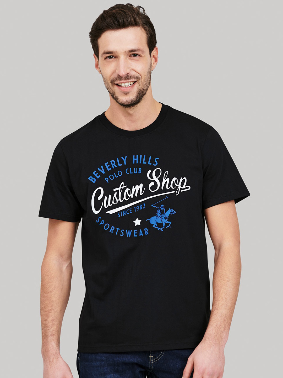 Beverly Hills Polo Club Men Black Printed Round Neck Cotton T-shirt