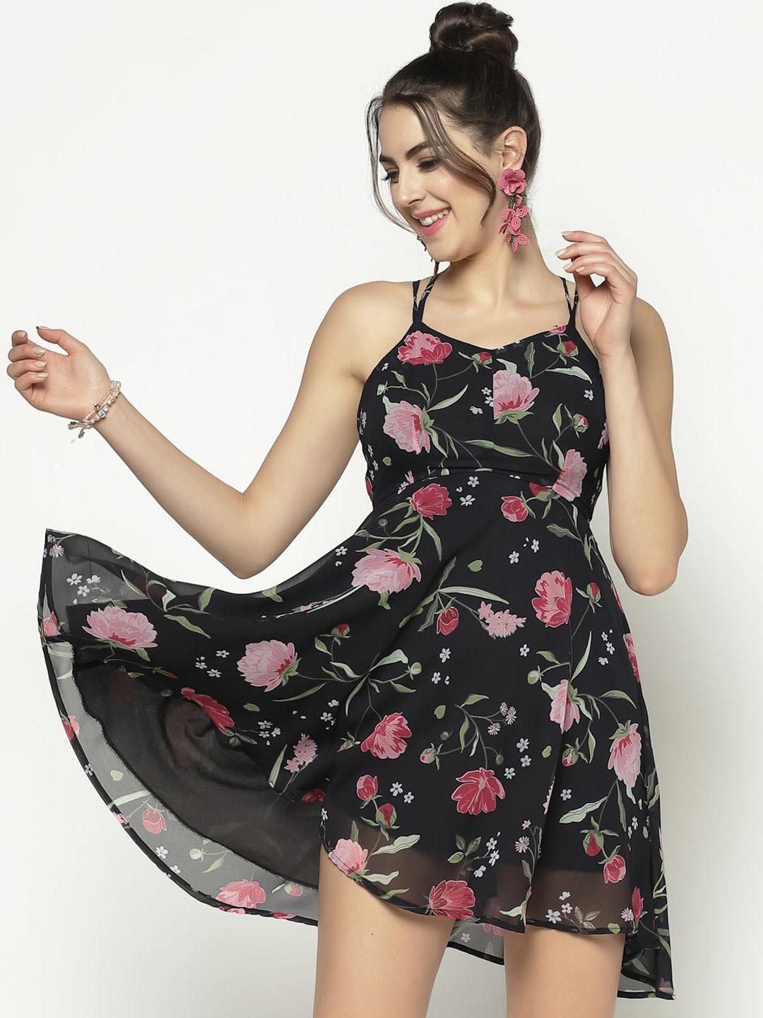 Sera Women Black Floral Printed Backstrap Halter Fit and Flare Dress