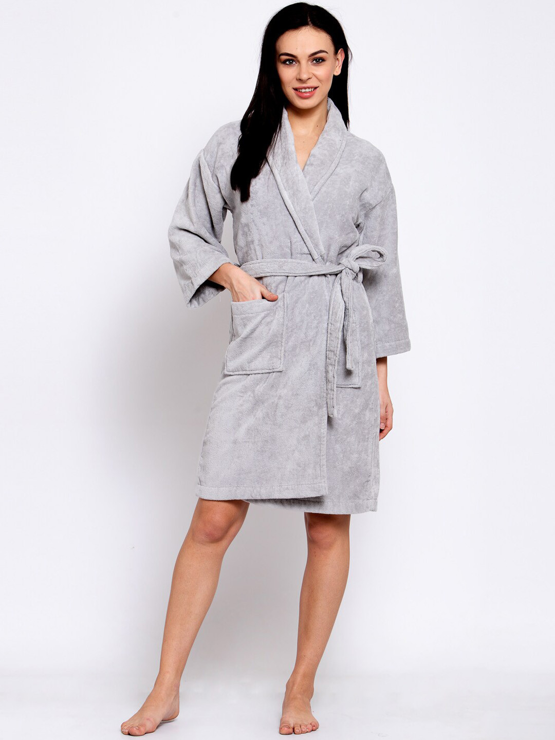 MYTRIDENT Comfort Living Grey Melange Solid Cotton Drawstring Knee Length Bath Robe-L