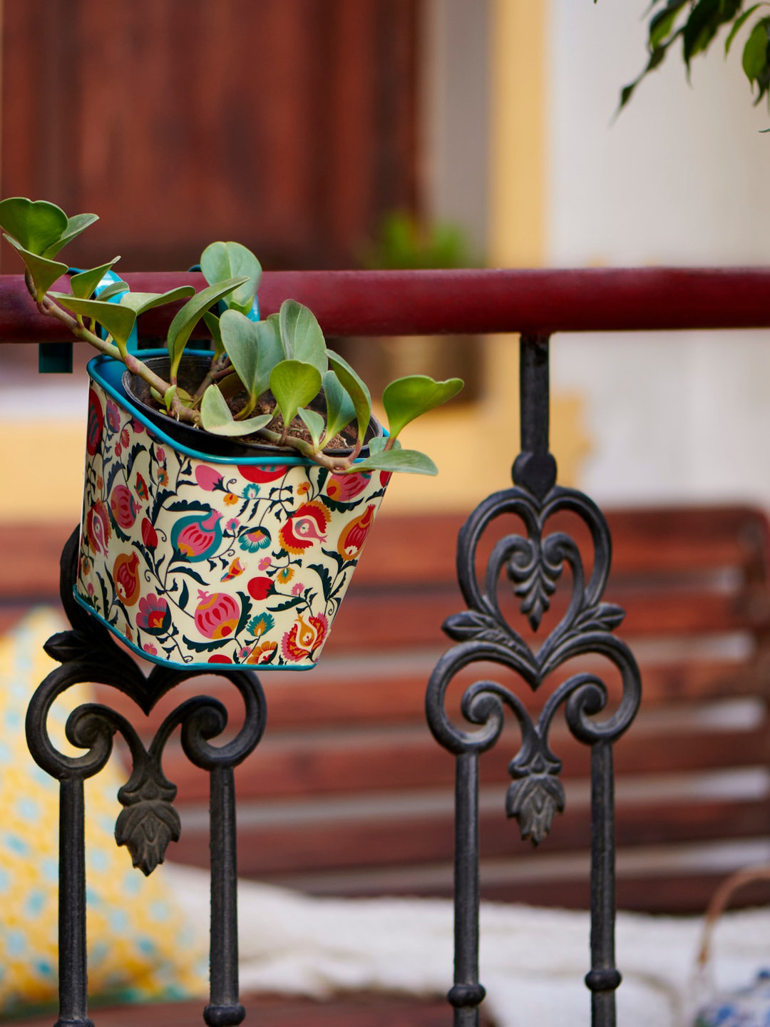Chumbak White & Red Boho Branches Floral Printed Hanging Planter