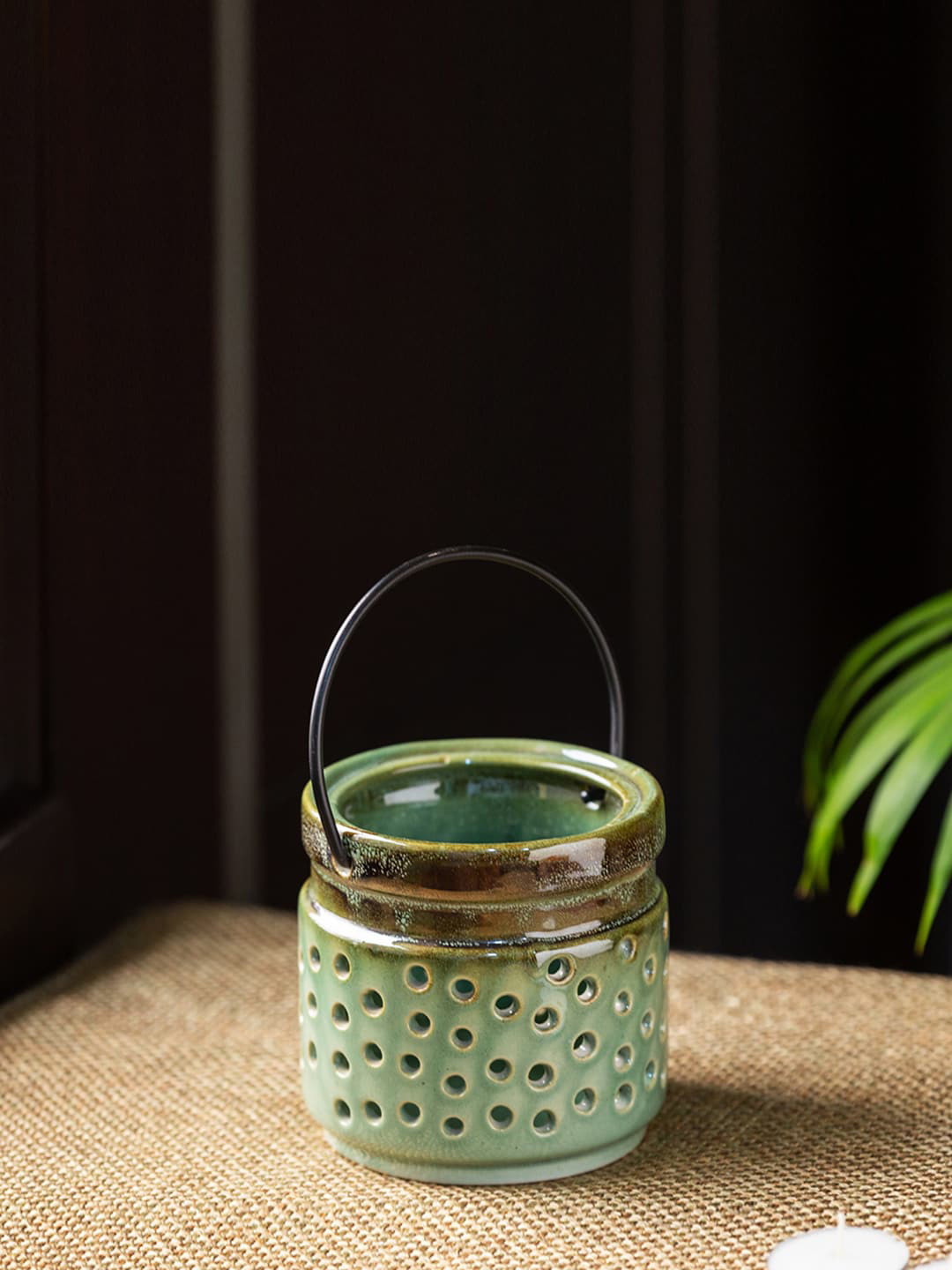 ExclusiveLane Sea Green Brown Textured Handcrafted Ceramic Table Tea-Light Candle Holder