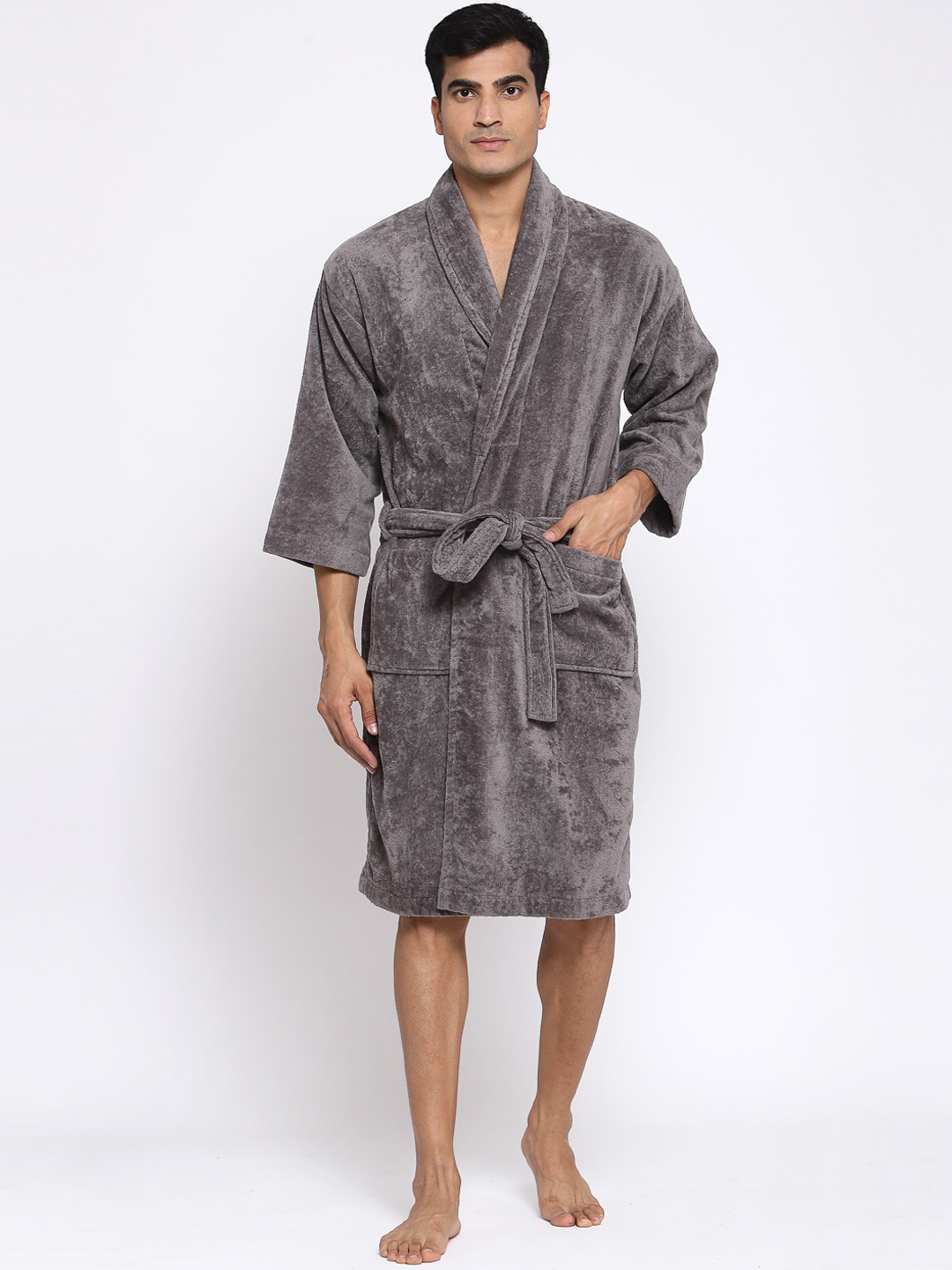 MYTRIDENT Comfort Living Grey Solid Cotton Drawstring Knee Length Bath Robe-L