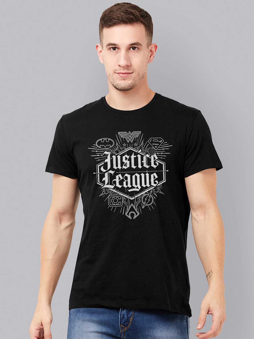 Free Authority Men Black Justice League Printed Round Neck Cotton Pure Cotton T-shirt