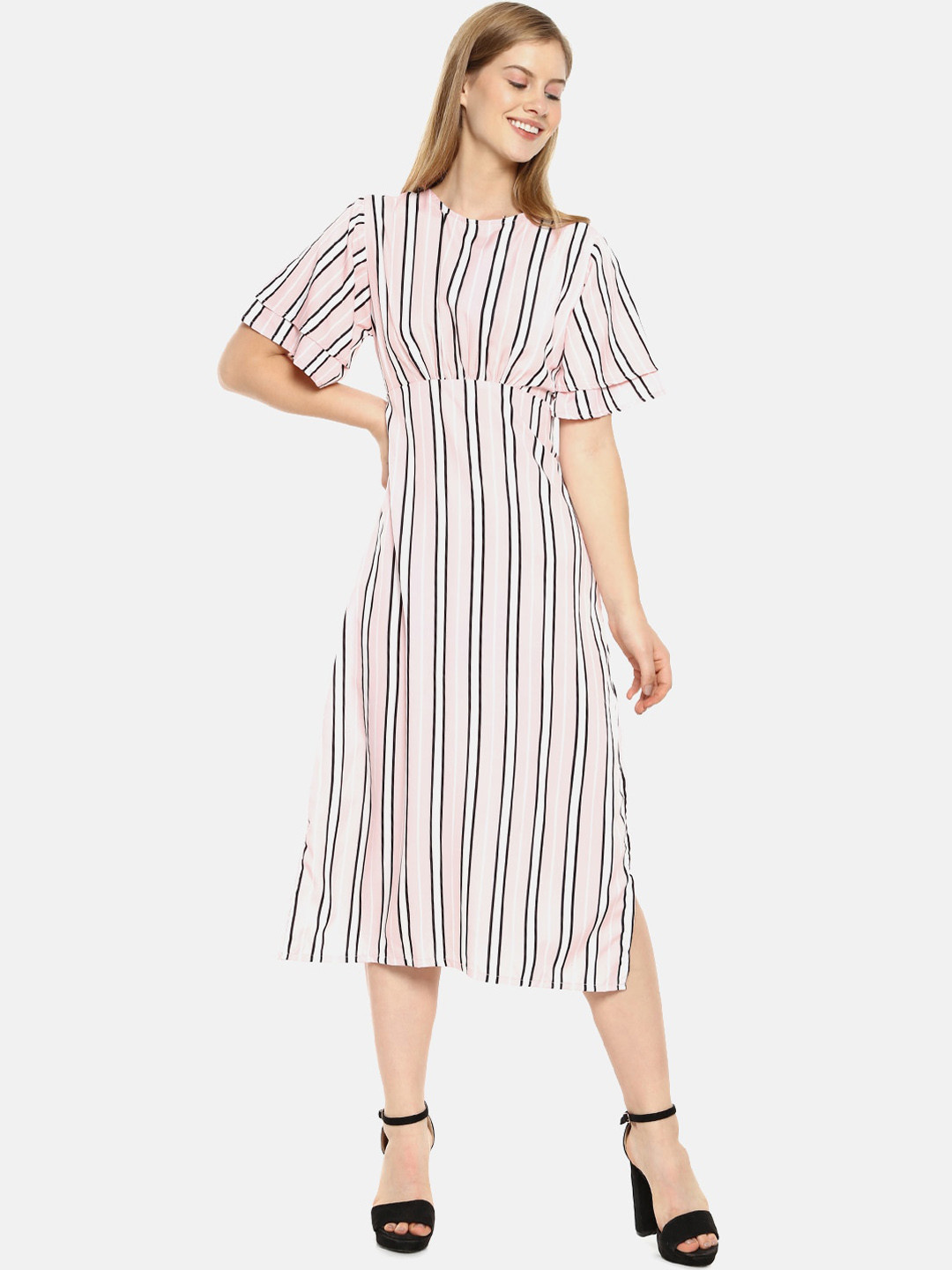 Campus Sutra Women Pink & Black Striped Fit and Flare Dress