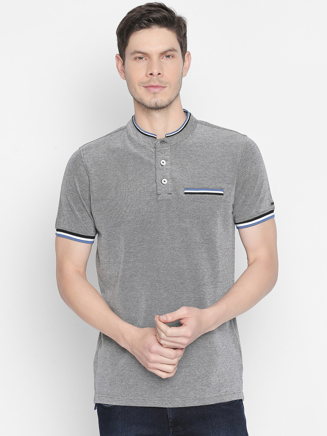 Basics Men Grey Solid Muscle Fit Mandarin Collar T-shirt
